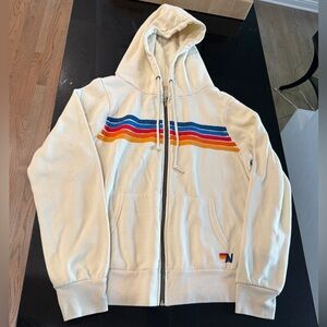 Aviator Nation Cream Zip-Up Sweater with Multicolor Stripes